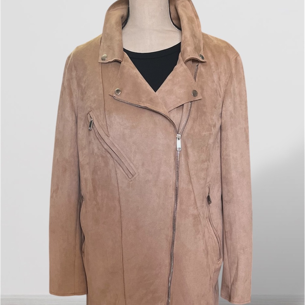 Magaschoni Faux Suede Open Front Jacket Women’s L Brown Vegan Coat Pockets Zips